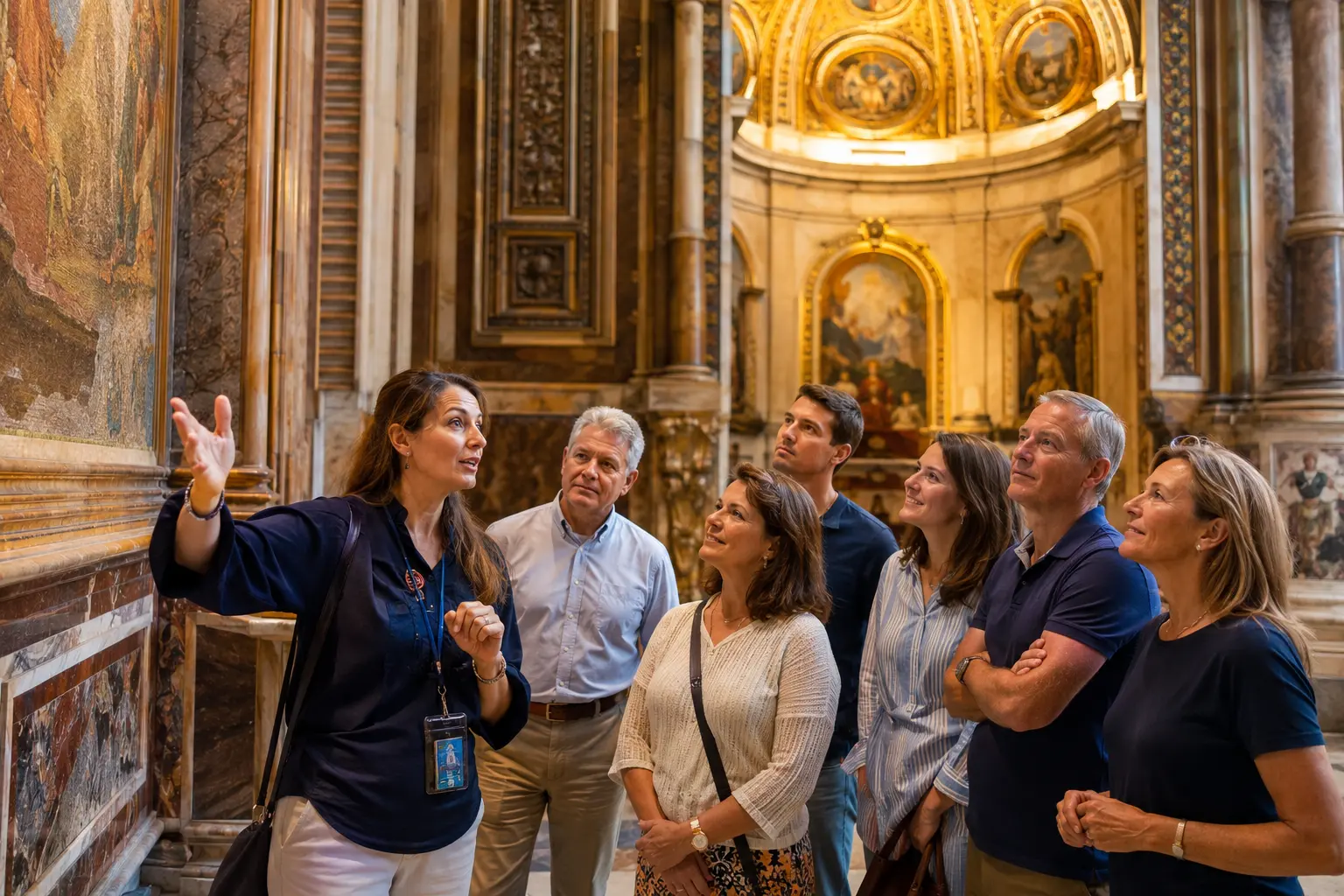 Representative female Catholic guide explaining sacred art to a happy mixed-age group in a Roman basilica