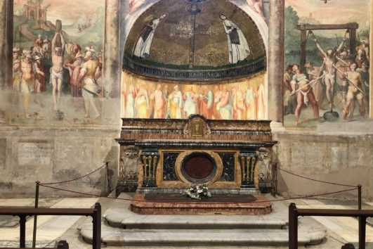 Altar frescoes depicting Roman martyrs tour at St Stephen in the Round Basilica Rome
