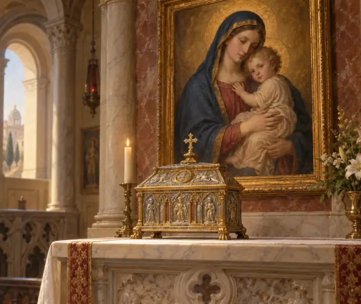 Rome Relics & Art Tour 4 Illustration of a reliquary and Madonna and Child painting for the Rome Relics and Art Tour