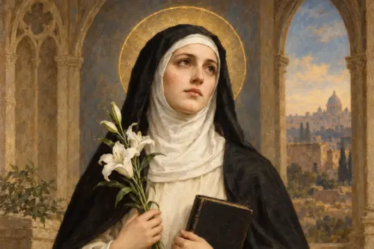 Illustration of St Catherine of Siena in a Dominican habit holding lilies and a book