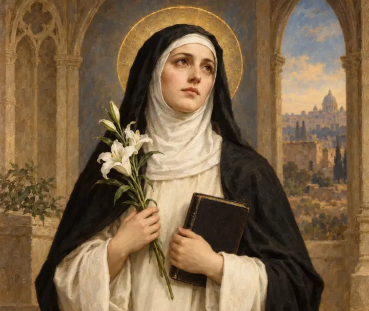 St Catherine of Siena’s Body Tour 20 Illustration of St Catherine of Siena in a Dominican habit holding lilies and a book