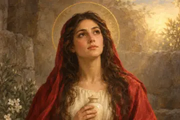 Illustration of St Mary Magdalene holding an ointment jar for her relic tour in Rome