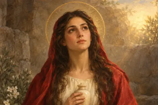 Illustration of St Mary Magdalene holding an ointment jar for her relic tour in Rome