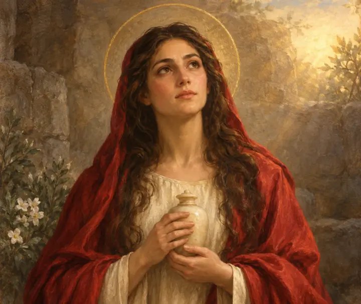 St Mary Magdalene’s Foot Tour 19 Illustration of St Mary Magdalene holding an ointment jar for her relic tour in Rome