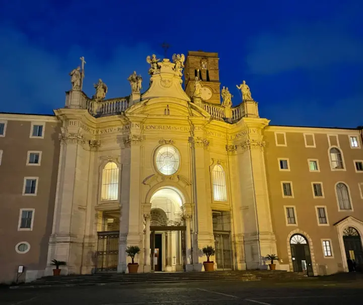 Holy Cross Santa Croce Pilgrim Church Tour 17 Facade and monastery of Santa Croce in Gerusalemme beneath the evening sky, Rome