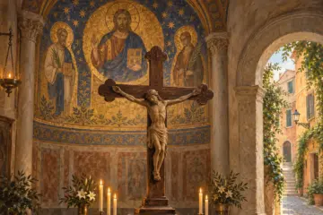 Illustration of a crucifix and medieval mosaics for the Miracles of Monti walking tour in Rome