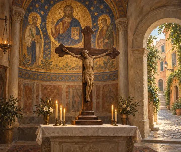 Miracles of Monti: Saints & Martyrs Walking Tour 9 Illustration of a crucifix and medieval mosaics for the Miracles of Monti walking tour in Rome