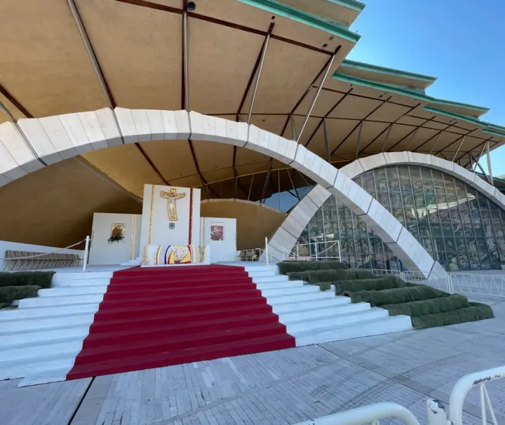 Outdoor altar and stone arches at the Church of Saint Pio, Padre Pio sanctuary in San Giovanni Rotondo