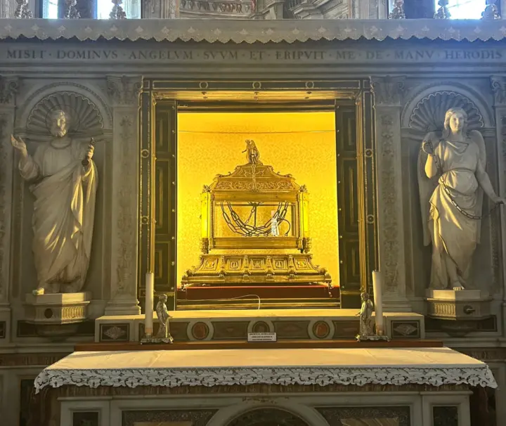 Sts Peter & Paul in Chains Tour 2 Reliquary of St Peter's chains beneath the altar at San Pietro in Vincoli, Rome