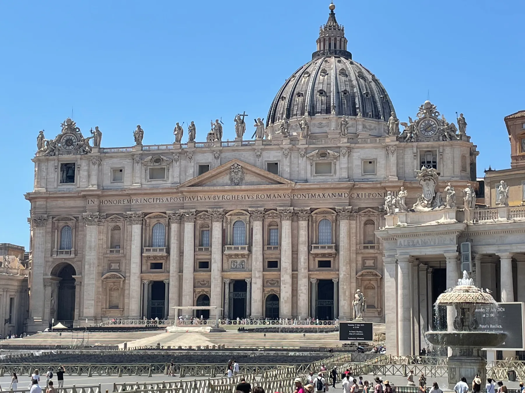 Facade and dome of St Peter’s Basilica seen from St Peter’s Square, Vatican City