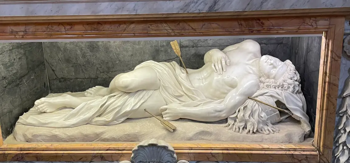 Quo Vadis Footprints in Rome: St Peter Meets Christ 31 Reclining statue of St Sebastian in San Sebastiano fuori le Mura, Rome