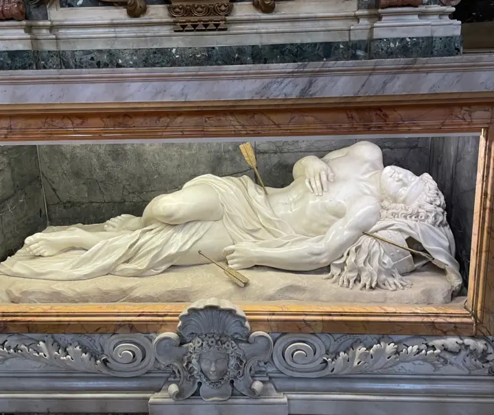 St Sebastian Basilica & Catacombs Tour 16 Reclining statue of St Sebastian in San Sebastiano fuori le Mura, Rome