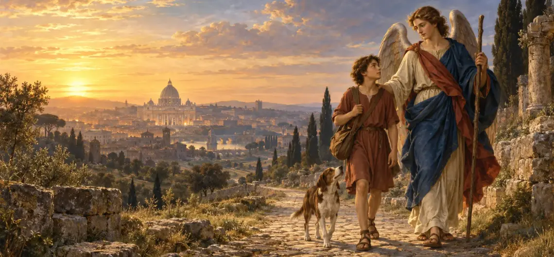 Saint Raphael guiding Tobias on a pilgrimage road toward Rome