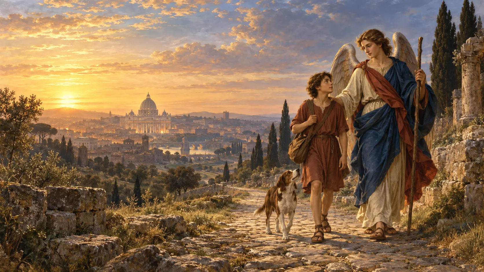Saint Raphael: 7 Inspiring Lessons for Rome Pilgrims 2 Saint Raphael guiding Tobias on a pilgrimage road toward Rome